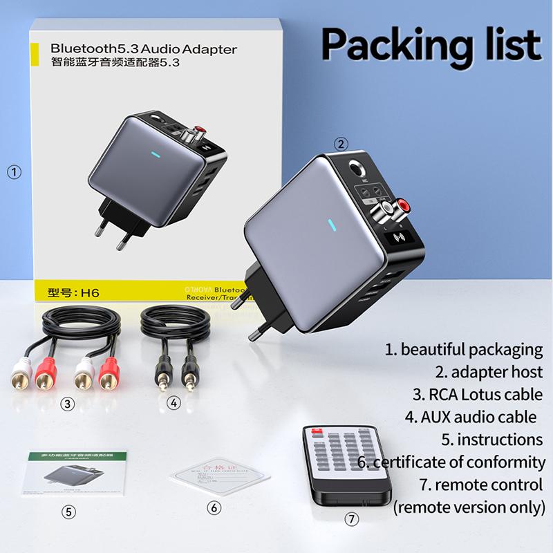 VAORLO Адаптер приемника-передатчика Bluetooth 5.3 3 в 1, вилка европейского стандарта, США, поддержка QC3.0, поддержка быстрой зарядки, выход микрофона с пультом дистанционного управления
