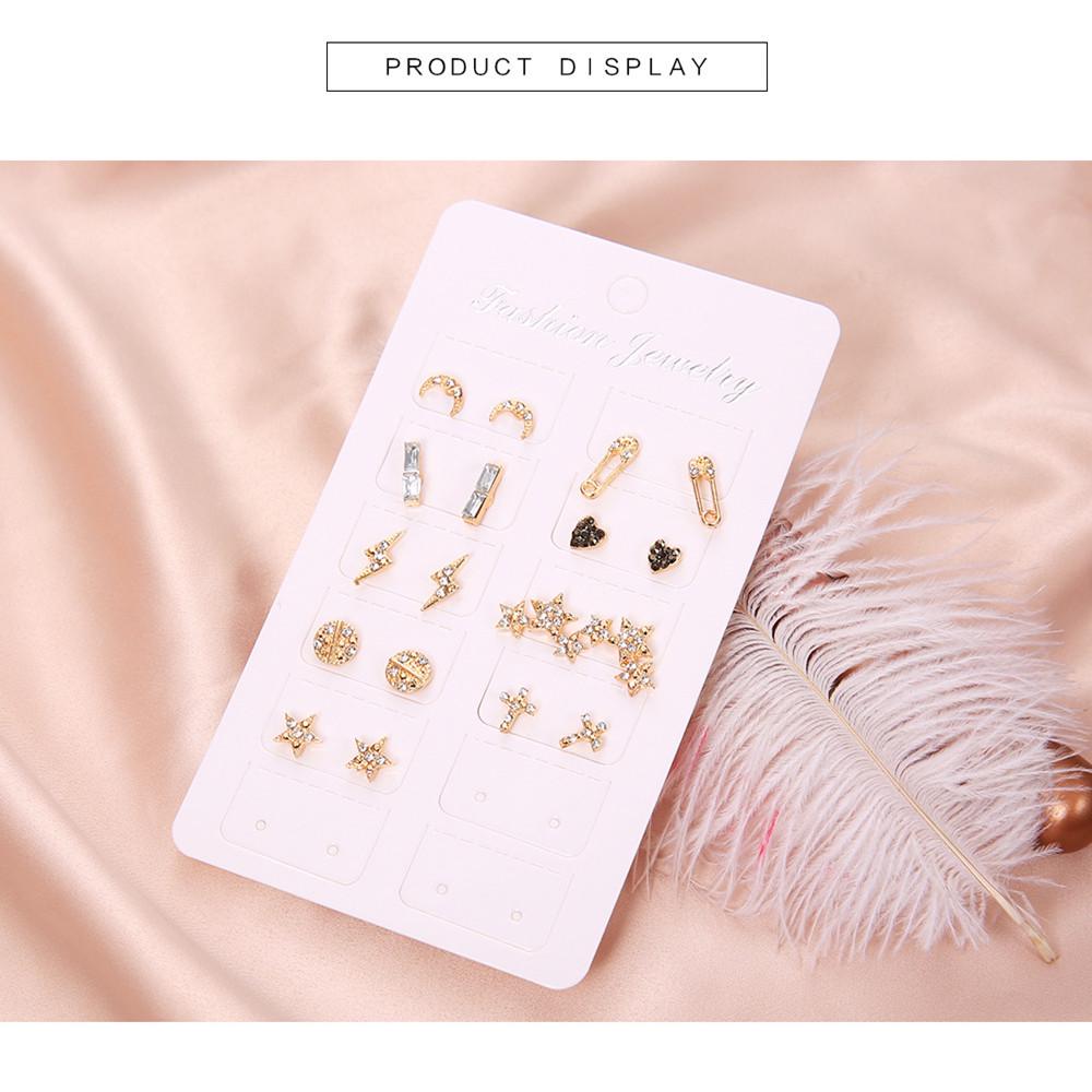 GADBLESJEW 9 Pairs/set Moon Stars Heart Lightning Bijoux Crystal Stud EarringS