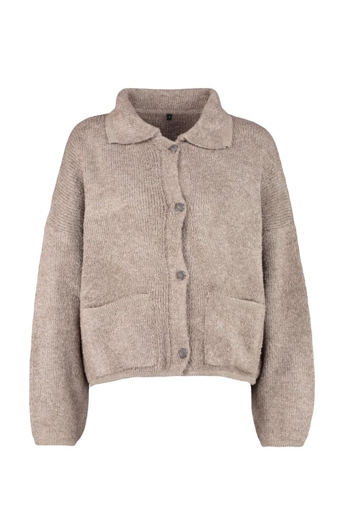 Женский модный стильный кардиган из норки, широкий крой с воротником-поло, трикотаж, кардиган из букле