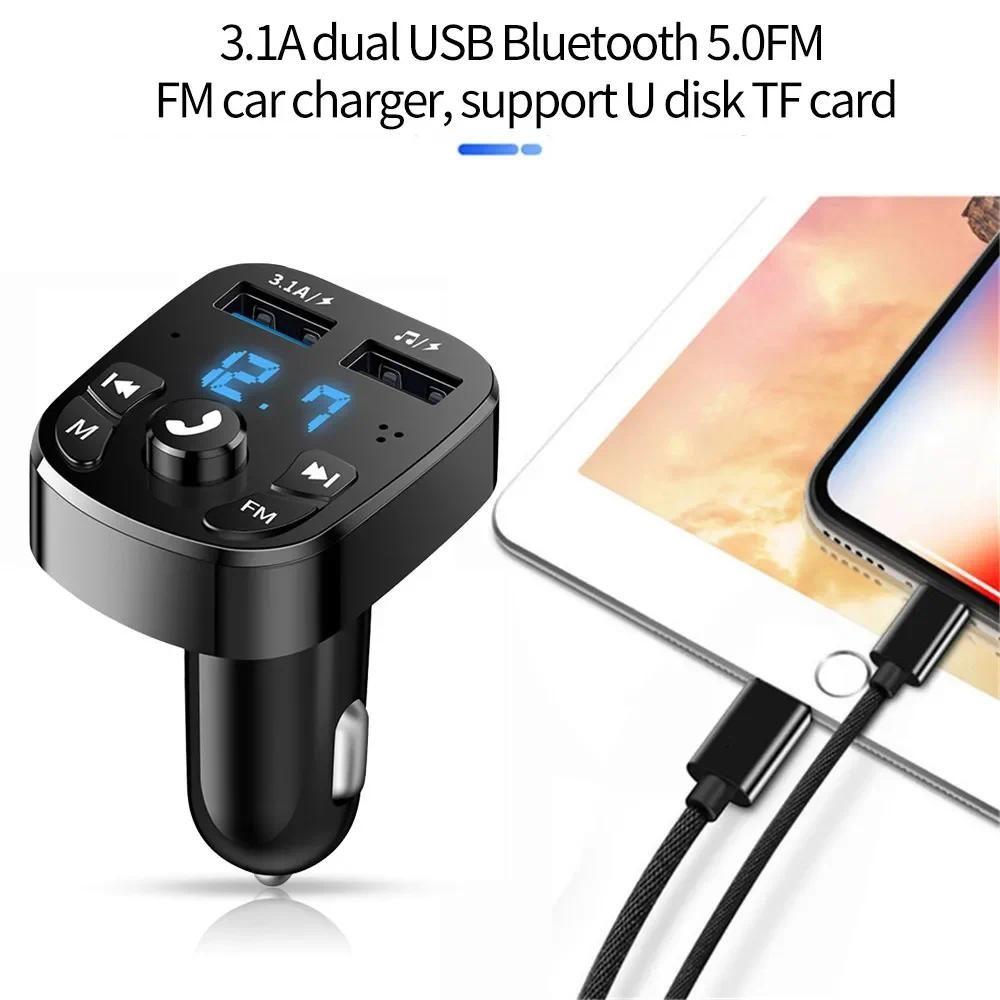 Автомобильный FM-трансмиттер Bluetooth 5.0 Быстрая зарядка 3.1A Двойной USB Комплект громкой связи для автомобиля