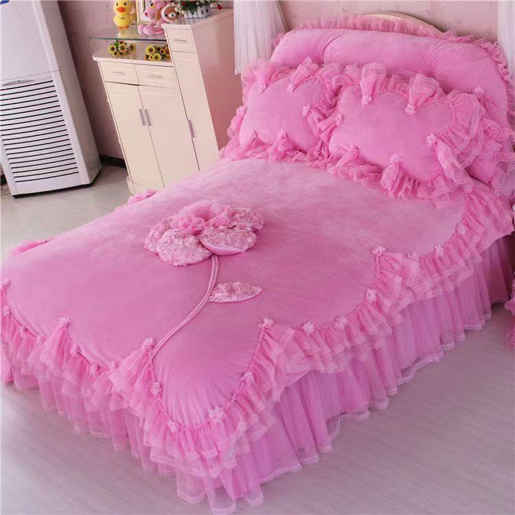 Размер King Size/Queen Size/Twin Size Кружевная утолщенная стеганая юбка-кровать Пододеяльник Наволочка Комплект из четырех предметов Теплая спальня Простое постельное белье Высокое качество