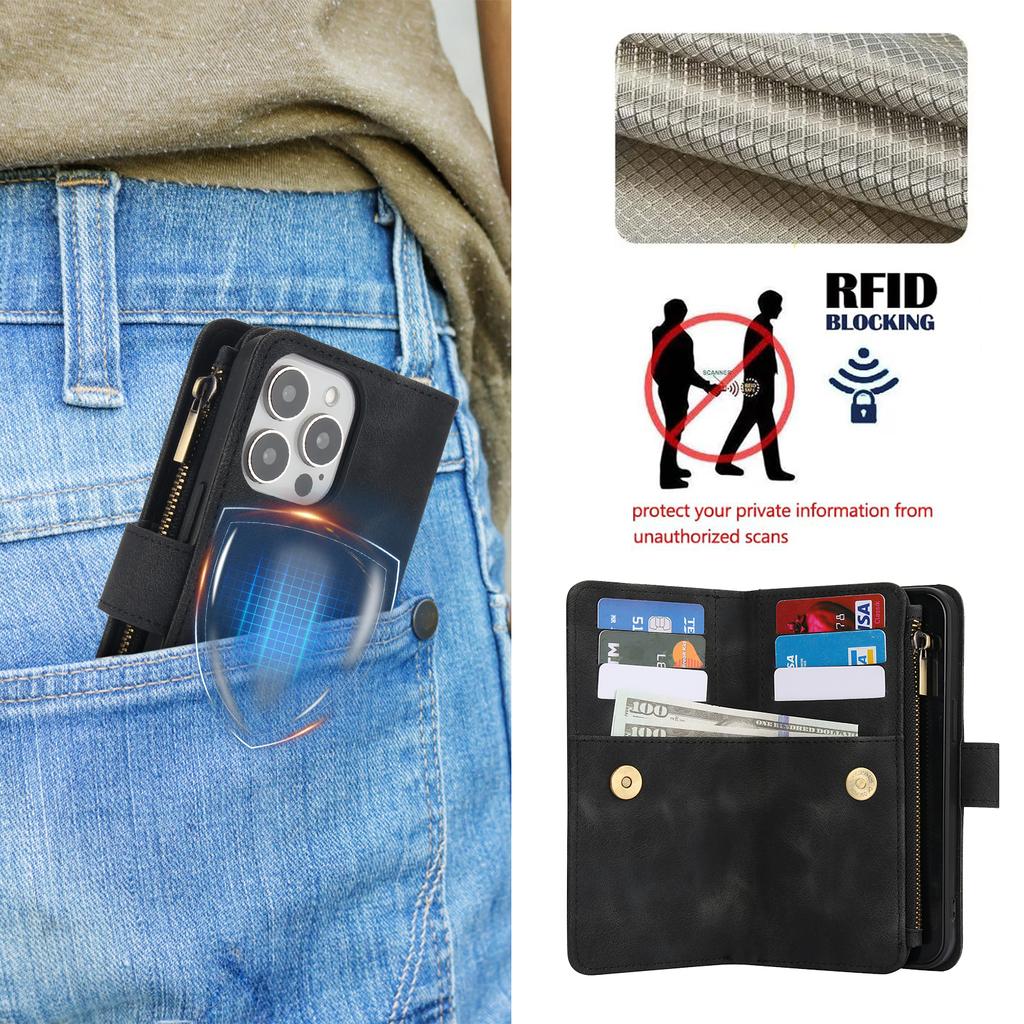 Wallet 9 Card Slots Flip Zipper Leather Case For iPhone 16 15 Plus 14 13 12 11 Pro Max XR X Samsung S24 S23 S22 S21 Ultra Plus FE A15 A55 A14 A34 A54