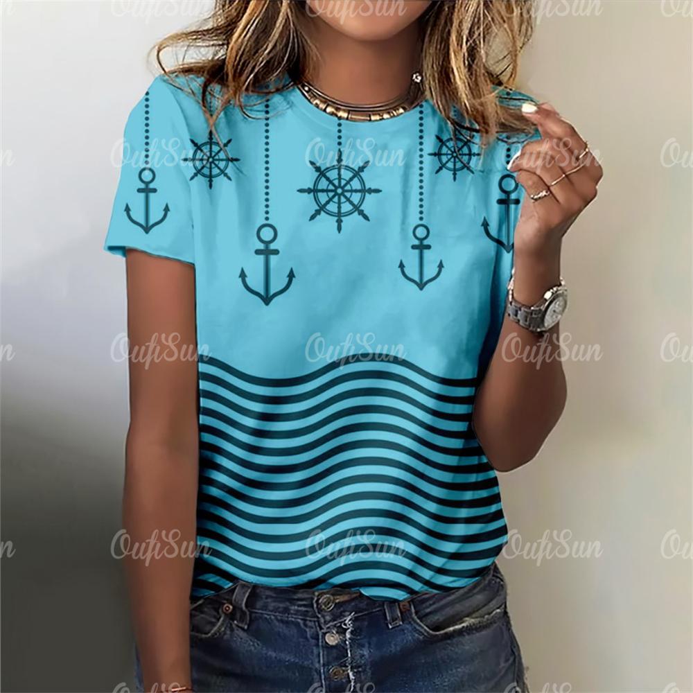 2024 новая стильная футболка для женщин, топ с принтом якоря, летние футболки большого размера для женской одежды, женская мода с круглым вырезом, большие размеры