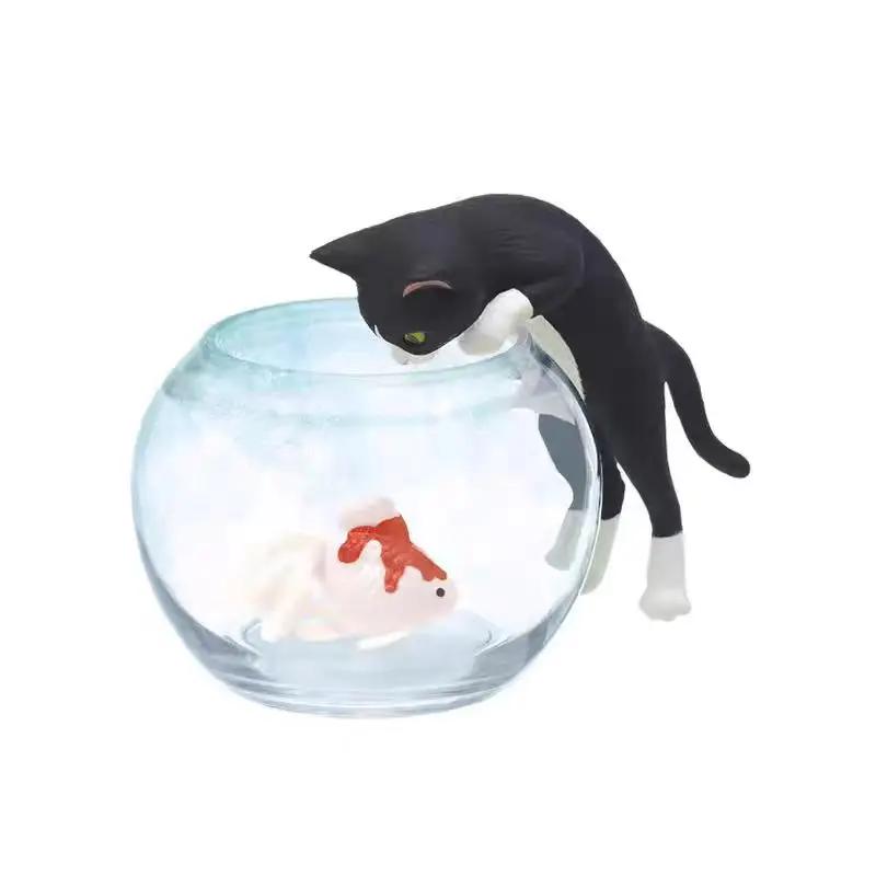 Genuine Action Figure Watching Goldfish Cat Gacha Catching Fish Three Flower Cat Black Cat Ornament Model Toys