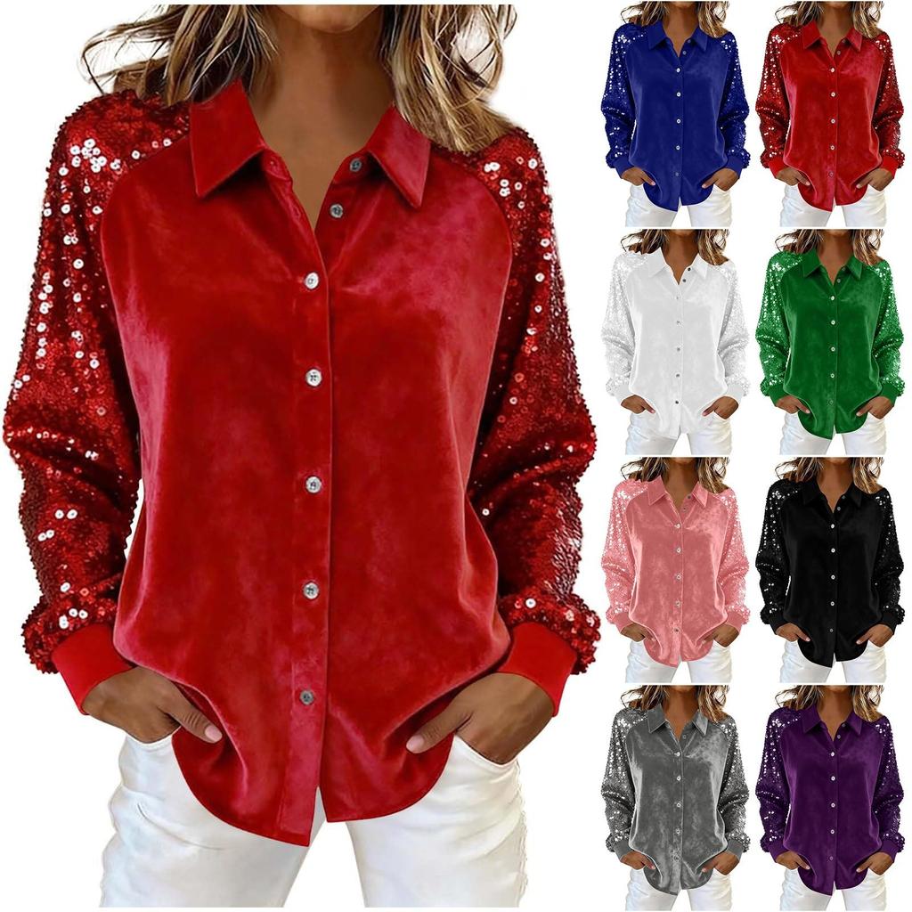 Женская мода Однотонный воротник Длинный рукав Пуговица Блестящий Золотой Бархат Вставка Рубашка Топ