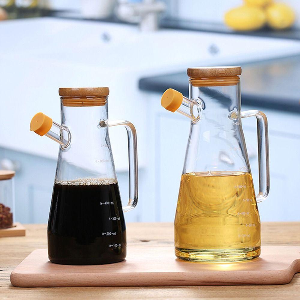 900/1000 мл Прозрачная бутылка для масла с крышкой, ручкой, шкалой, жаростойкая стеклянная масленка, емкость для уксуса, дозатор для масла, кухонные инструменты