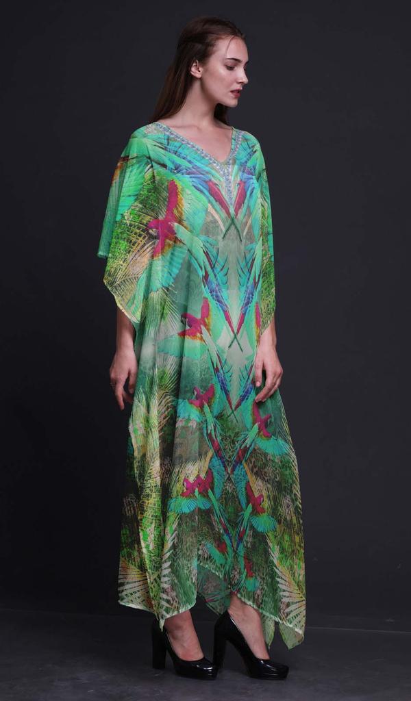 Phagun Branch & Colorful Parrot Bird Long Caftan Maxi Dress Beach Swimwear Cover Up Womens