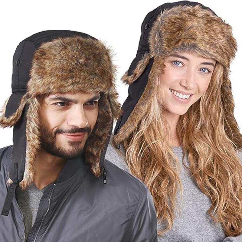 Winter Warm Hat with Ear Neck Cover Plush Thicken Faux Fur Earflap Protecter Caps Outdoor Skiing Trapper Bomber Cap
