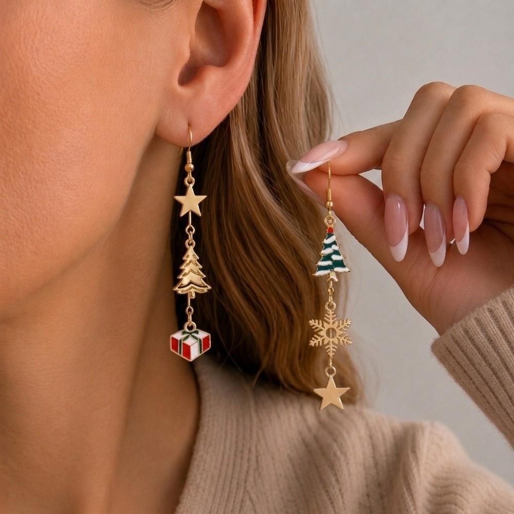 Zircon Star Christmas Dangle Earrings Asymmetric Design Long Tassel Earrings Party Accessories