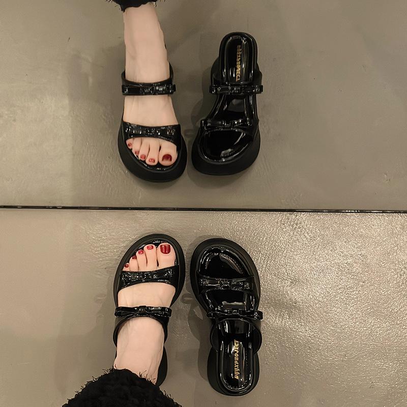 2024 летняя новая мода бант толстая подошва сказочный ветер прохладные женские толстый каблук корейская версия носить высокие каблуки тапочки