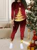 Женский рождественский костюм-двойка с принтом: Топ с длинным рукавом и круглым вырезом и брюки, праздничный лимитированный повседневный костюм для вечеринки в подарок