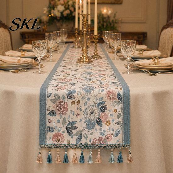 Elegant Dining Table Decor Jacquard Floral Runner, Vintage Peony Farmhouse Runner with Tassels for Home Wedding Party Tassel Edge