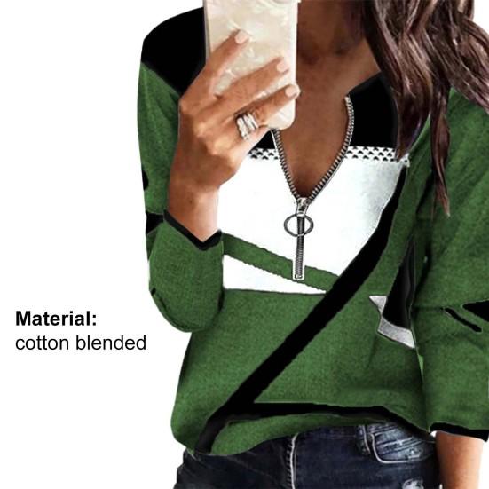 Long Sleeve Loose Women Blouse Soft Texture Zipper Neck Geometric Print Patchwork Top Clothing