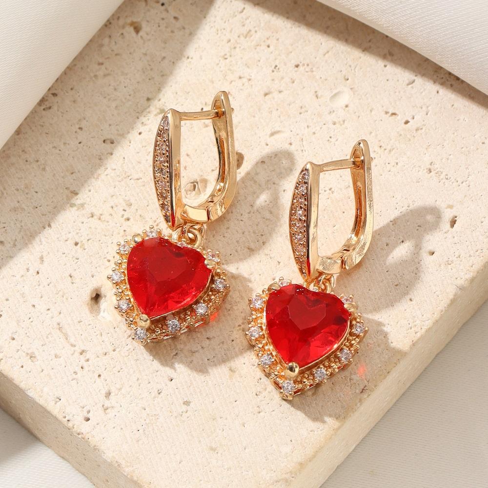 Luxurious Red Heart Shape Dangle Earrings for Women Cubic Zirconia Earring Jewelry Party Accessories Valentine's Day Gift