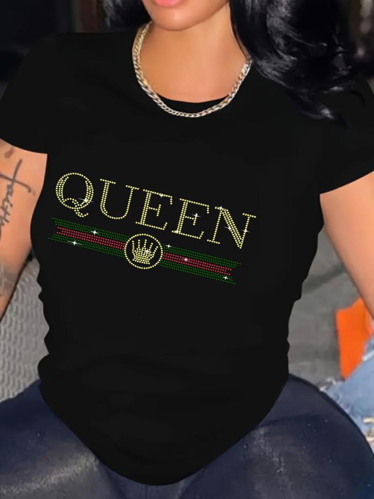 Удобная и мягкая спортивная футболка с принтом стразами и надписью Queen, повседневный топ с коротким рукавом и круглым вырезом для бега, женская спортивная одежда