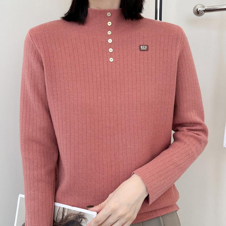 IHUASU Thickened One-piece Velvet Button Jumper Women's Autumn and Winter Half-high Neck Warm Knitted Bottoming Shirt with A Hundred Tops