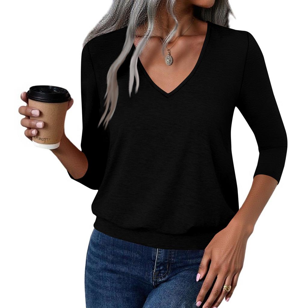 Women's Fashion Casual V-Neck Three-Quarter Sleeve Solid Color Top