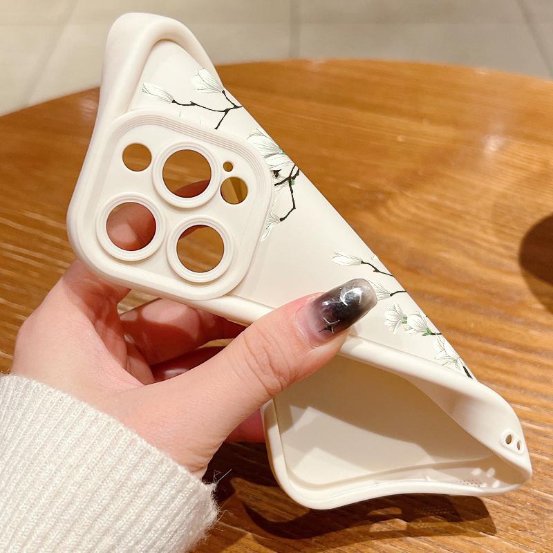 White Magnolia Pattern Phone Case For iPhone 16 15 14 Pro Max 15 16 Plus 12 13 Pro 11 16E Candy Color Shockproof Silicone Cover