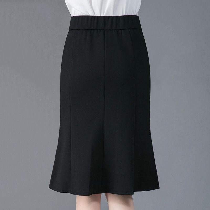 Черная юбка «рыбий хвост» Твидовая юбка «рыбий хвост» Набедренная сумка с разрезом Осень-зима Тонкая черная юбка средней длины с высокой талией