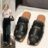 2025 Foreign Trade Summer New Outer Wear Flat Bottom Bag Head Lazy Muller Weaving Roman Cool Slippers Women's Tide Black