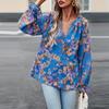Women's Autumn V Neck Lantern Sleeve Button Elegant Fragmented Blouse Shirt Floral Tops