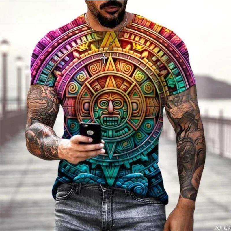 Летняя футболка с круглым вырезом, графическим принтом календаря ацтеков и 3D-печатью, модная, повседневная, с коротким рукавом, мужская