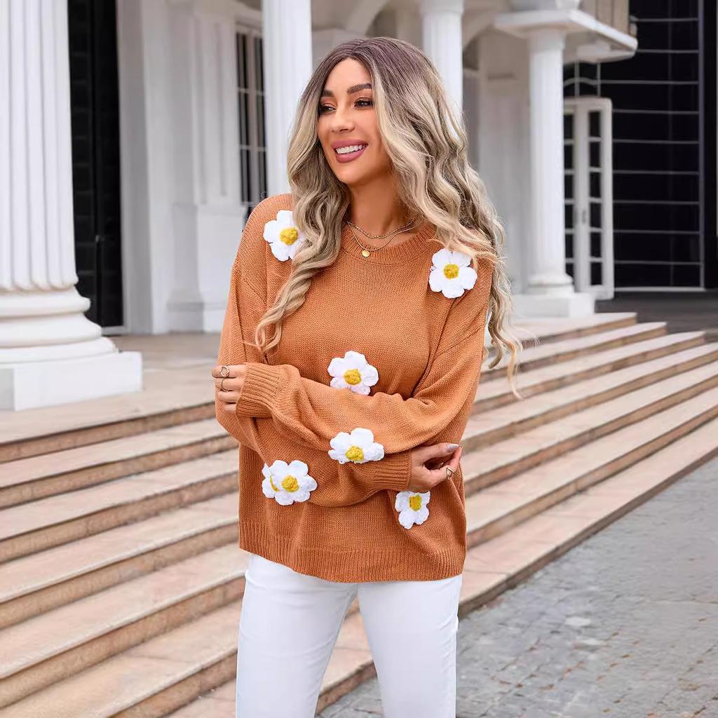 Осенне-зимний женский пуловер с цветочным принтом, круглый вырез, длинный рукав, трикотаж