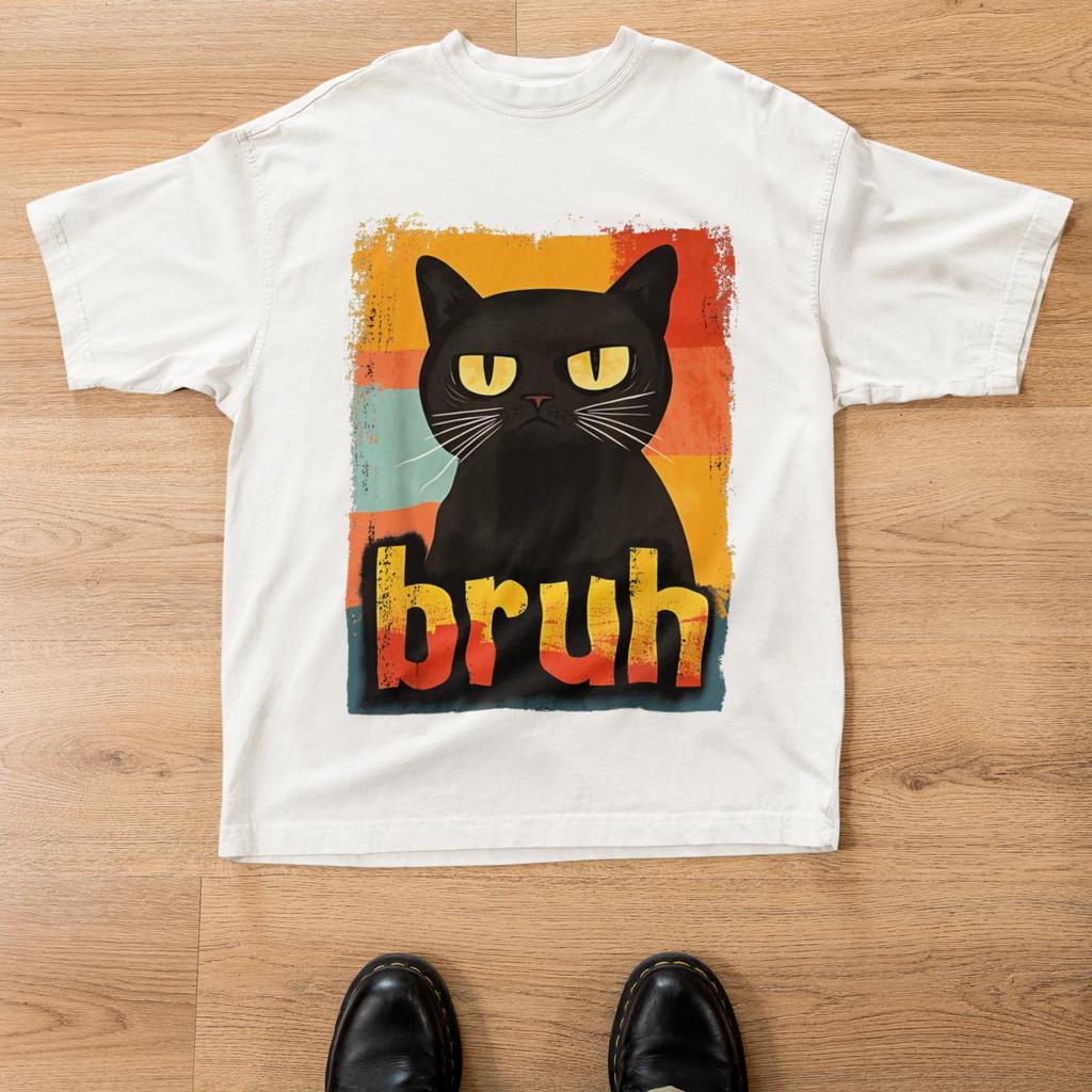 Grumpy Black Cat Bruh Shirt Funny Cat Retro Vintage Graphic Tee