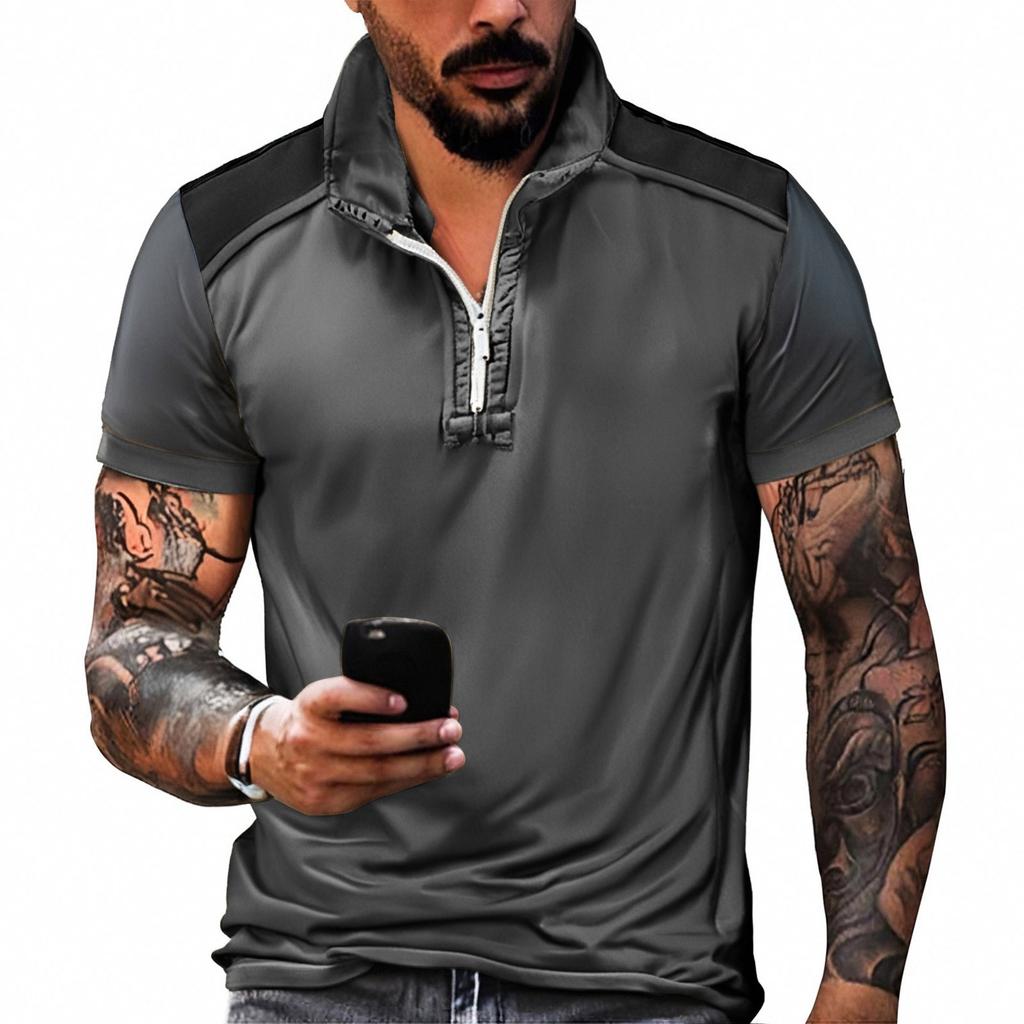 Летняя новинка для мужчин, повседневная рубашка с воротником-стойкой и короткими рукавами, подходящая по цвету, с полумолнией