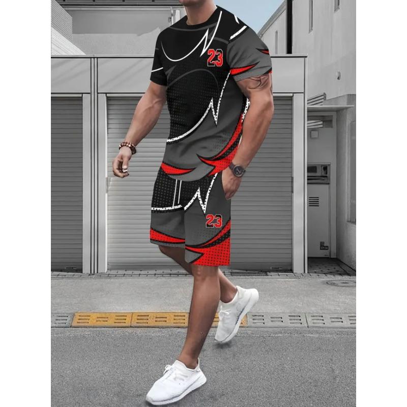 2025 Urban Street Trend Men's Suit Summer Casual Short Sleeve Shorts 2 Pieces Unique Geometric Print Outdoor Casual