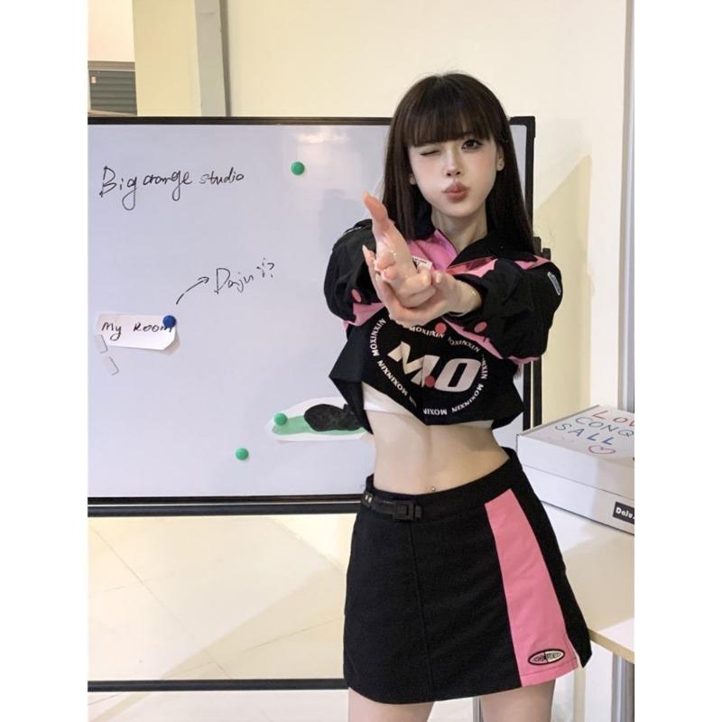 Y2k Cropped Racing Jacket Women Vintage Streetwear Korean Fashion Short Motorcycle Jackets Biker Coats Kpop Bomber Tops