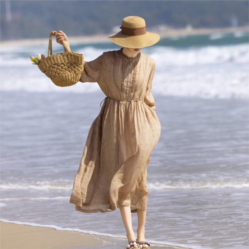 Johnature Женское летнее платье-трапеция с оборками на рукавах в китайском стиле, модное винтажное свободное платье длиной три четверти