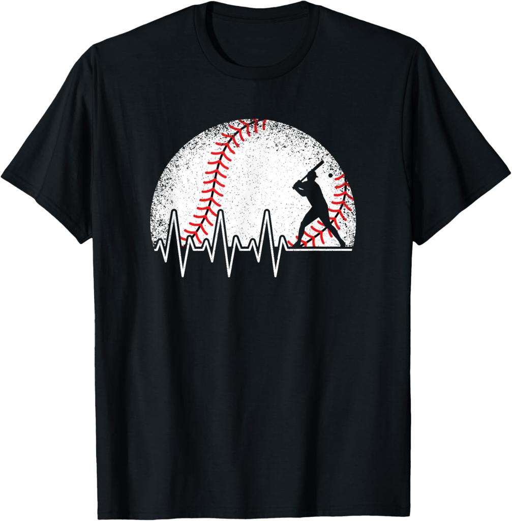 Baseball Heartbeat EKG Batter Vintage Graphic Tee Men Boys Cotton T-Shirt