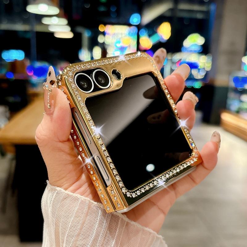 Блестящий бриллиантовый каркасный чехол из 2 предметов для телефона Samsung Galaxy Z Flip6 Flip5 Flip4 Flip3 Роскошный кожаный противоударный металлический чехол с жестким складным чехлом из ПК