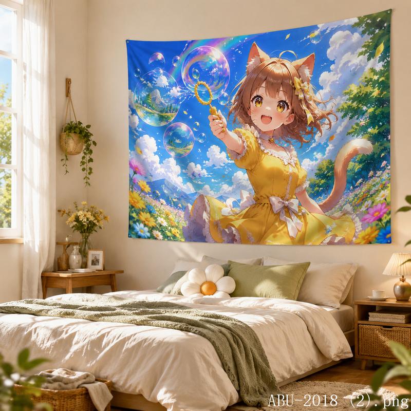 Cherry Blossom Kawaii Anime Girl Aesthetic Tapestry Soft Pastel Floral Wall Hanging Teen Dorm Bedroom Otaku Home Decor