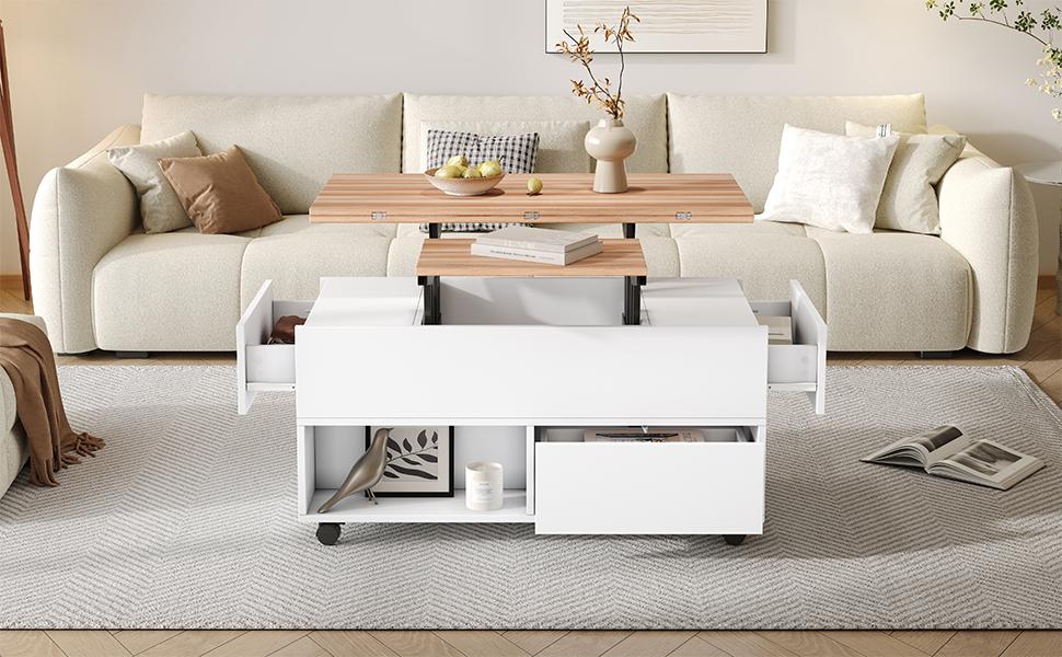 100*50*52cm Coffee Table with 4 Wheels, Living Room Table with 4 Drawers, Liftable Coffee Table, Height-Adjustable Sofa Table, White + Wood Color