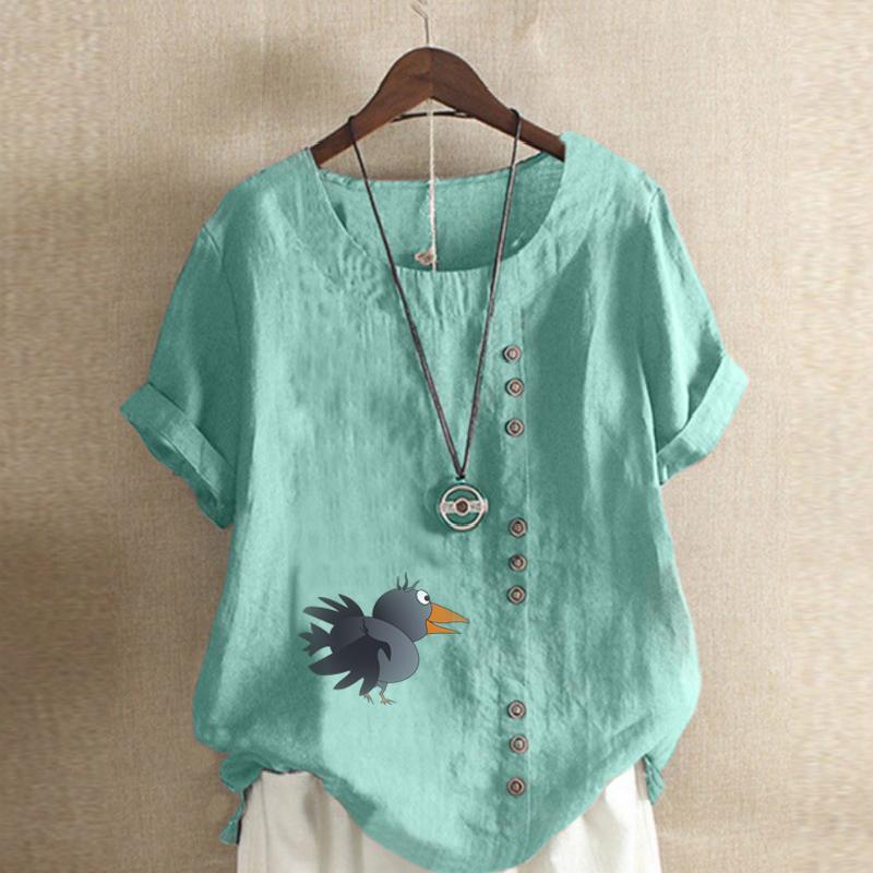 Women's Fashion Round Neck Short Sleeve T-shirt Casual Cotton Linen Graphic Shirt Leisure Loose Crow Prined Summer Blouse Tops