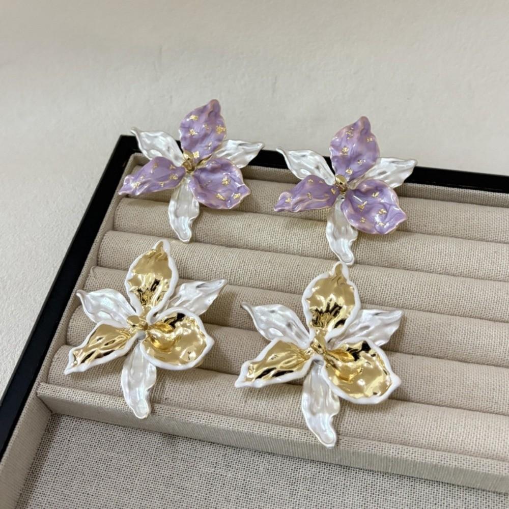 1 pair Luxury Enamel Iris Earrings Zinc Zinc Alloy Metal Flower Ear Studs Golden and Silver Earrings Banquet
