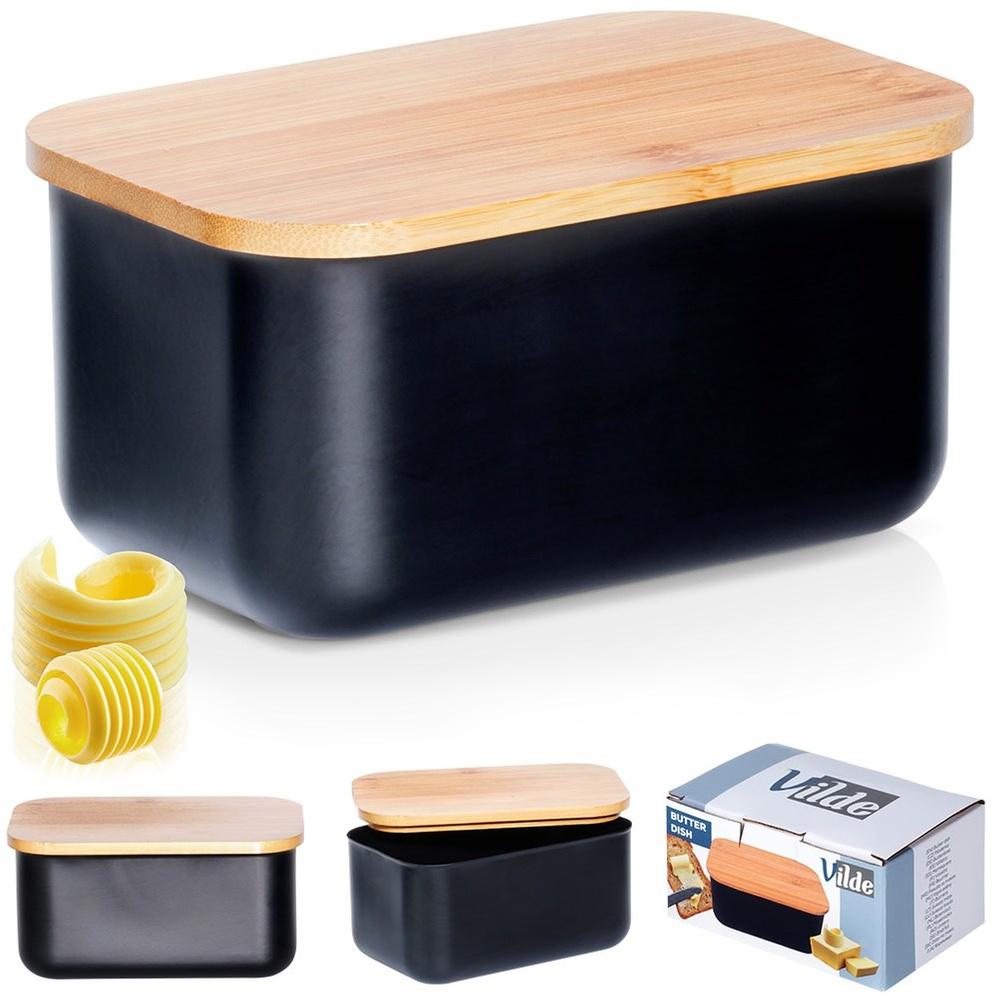 Black steel butter dish with bamboo lid