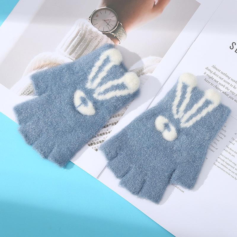 Мультяшные перчатки без пальцев, перчатки с зайчиками, полупальцевые перчатки, женские утолщенные зимние теплые перчатки, полупальцевые перчатки для студентов