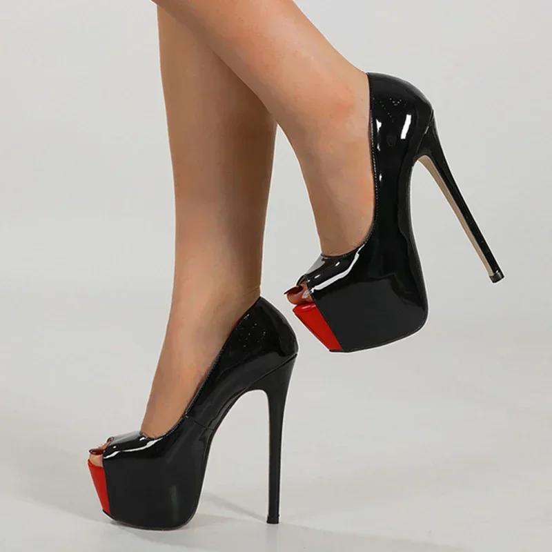 Модные Высококачественные Сексуальные Туфли-лодочки с Открытым Носком на Экстремально Высоком Каблуке 16 см, Женские Красные Черные из Лакированной Кожи, Вечерние Банкетные Туфли-стилетто на Платформе