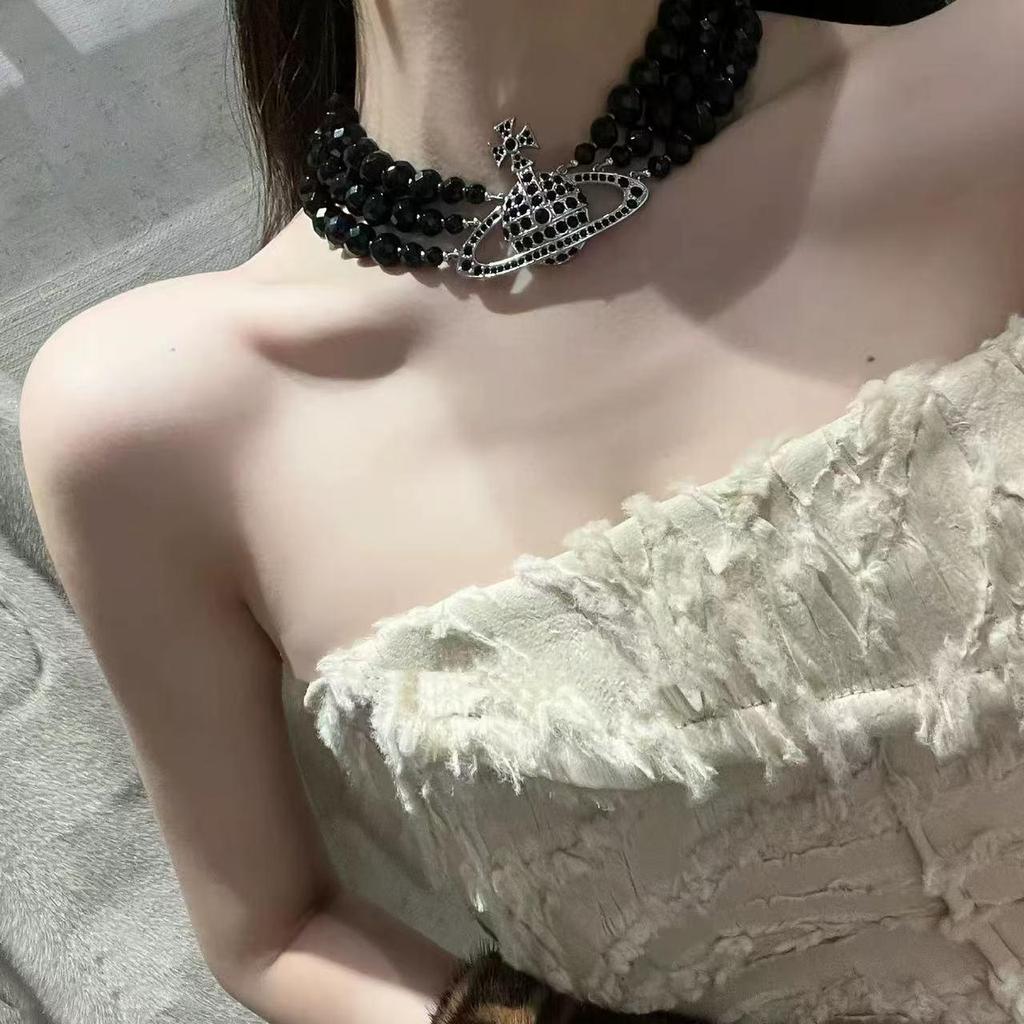 Черный Агат Изумрудный Хрусталь Ожерелье Императрицы - Классическая Трехъярусная Сатурн Ключичная Цепь для Женщин