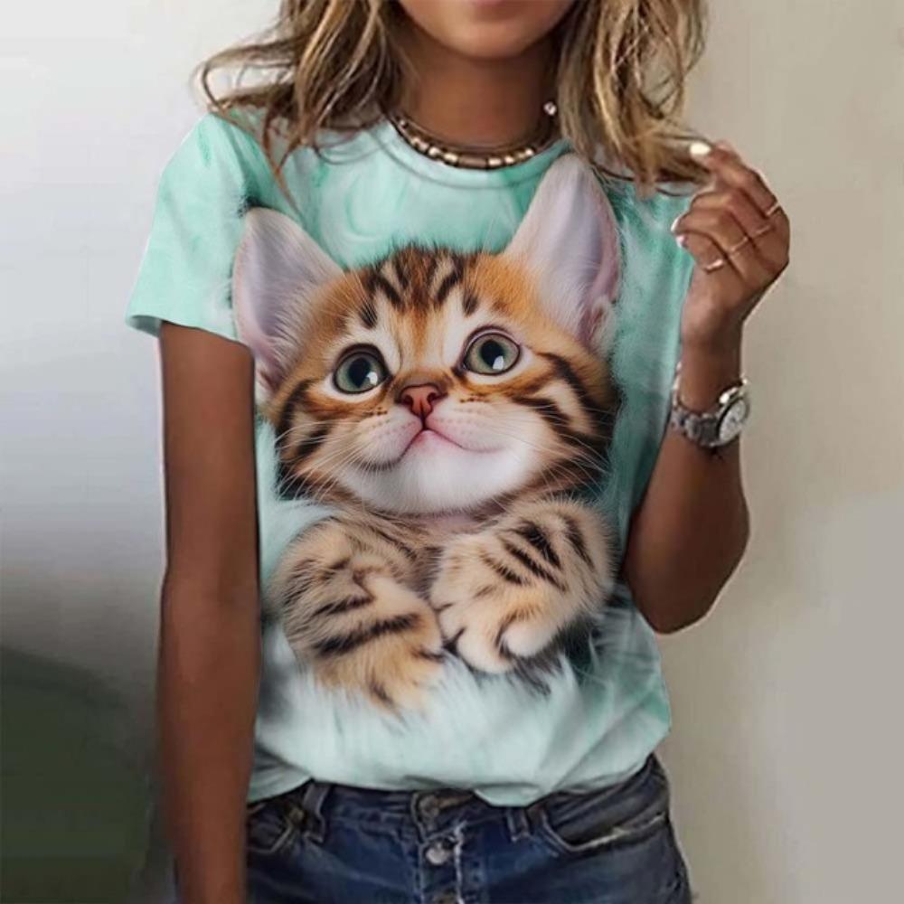 Женская футболка с изображением милого кота в виде животного с 3D-принтом, футболка большого размера, летняя новая модная женская одежда 2000 года, женские топы, футболки для девочек
