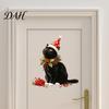 Durable Holiday Window Art Christmas Cute Black Cat Wall Sticker, PVC Decal with Polka Dot Cone Hat Creative Gift for Lovers And Red
