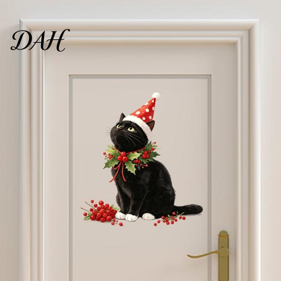 Durable Holiday Window Art Christmas Cute Black Cat Wall Sticker, PVC Decal with Polka Dot Cone Hat Creative Gift for Lovers And Red