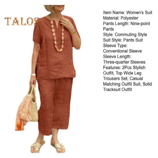 2Pcs Short Sleeve Blouse Pants Set for Women Loose Top Wide Leg Pants Sets Solid Tracksuit Outfit Summer Casual Matching Outfit for Home Office Party