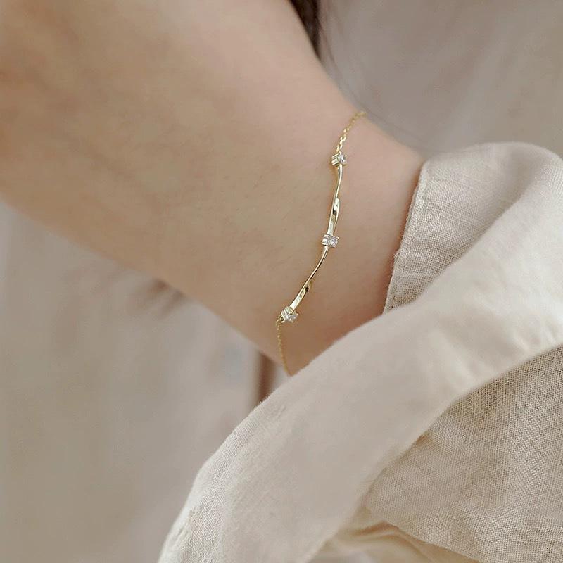 S925 Sterling Silver Gold Bracelet Female Japanese Style Mild Luxury Special-Interest Design Diamond Simple Hand Jewelry