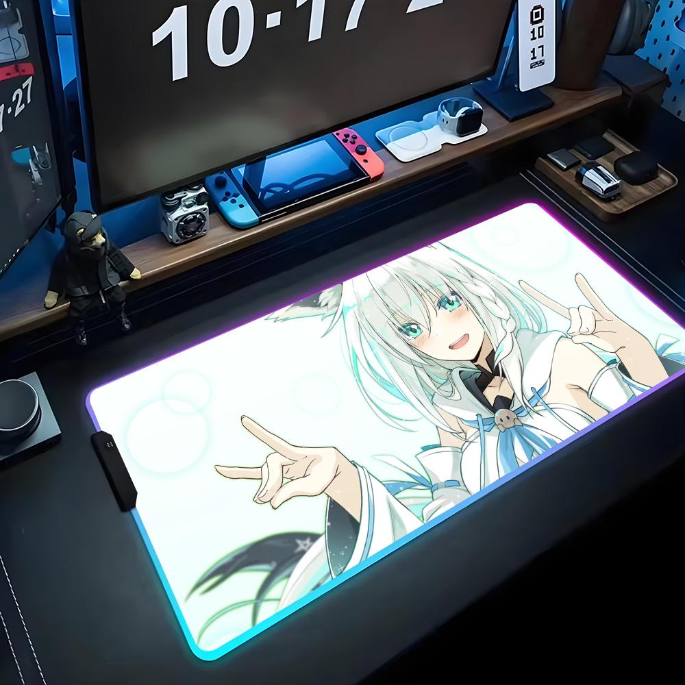 shirakami fubuki Mouse Pad RGB Gaming Mousepad Big LED Pad PC Desk Mat Luminous Mouse Pad Large Keyboard Mats Table Rug With