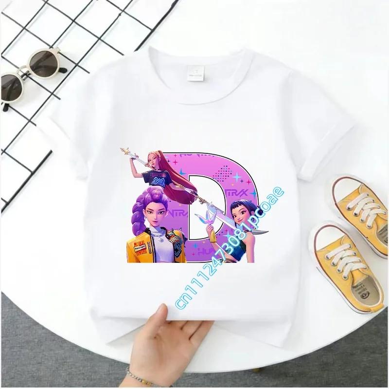 K Pop Demon Huntersd Children's Short-Sleeved Girls' Casual Shirt - Summer Pure Polyester T-Shirt with Letter A-Z Cartoon Print