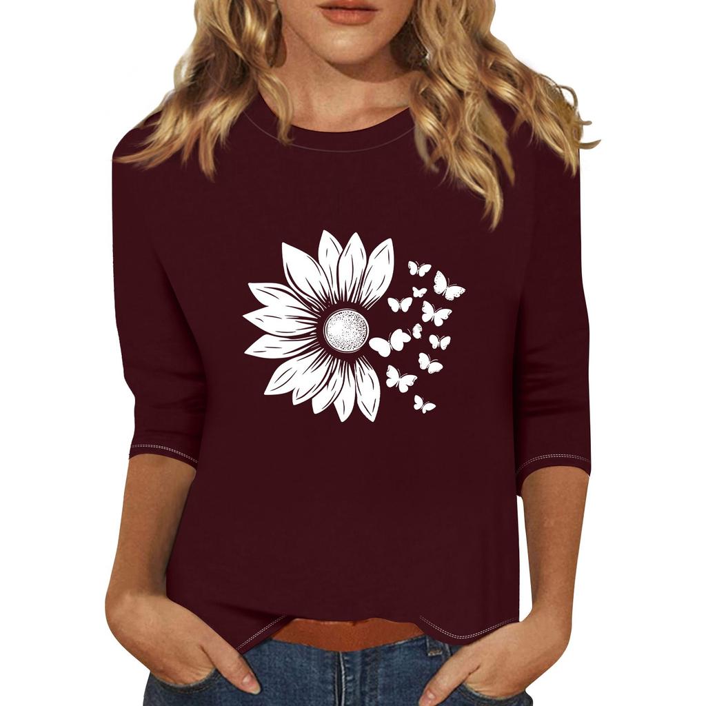 Women's Fashionable Casual Three Quarter Sleeve Printed Collar Pullover Top